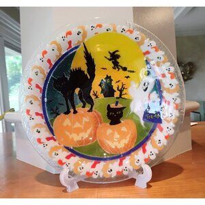 Peggy Karr Glass Large Halloween Bowl Black Cat Witch Ghost Pumpkins 10.5"
